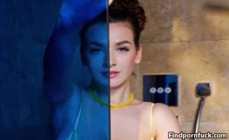 Woman appears through a glass divider split by color: blue tint on the left, natural tones on the right, wearing a yellow choker and a light top.